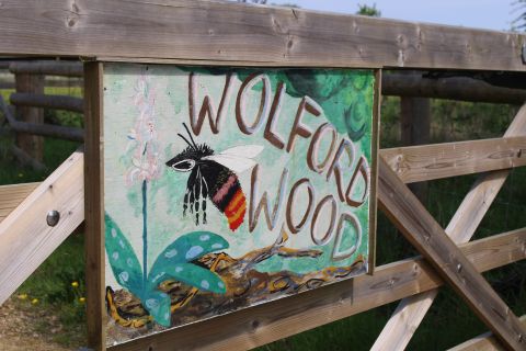 Home-made, hand-painted picture of a bee on Wolford Wood front gate