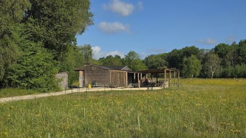 Safe and secluded campsite with toilets and showers, outdoor seating, firepits and a BBQ. Copyright M Postlethwaite, Wolford Wood, All Rights Established 2024